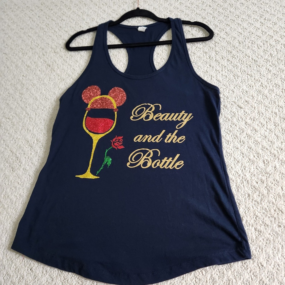 Beauty and the Bottle Navy Blue Disney Wine Racerback Tank Top size XL
